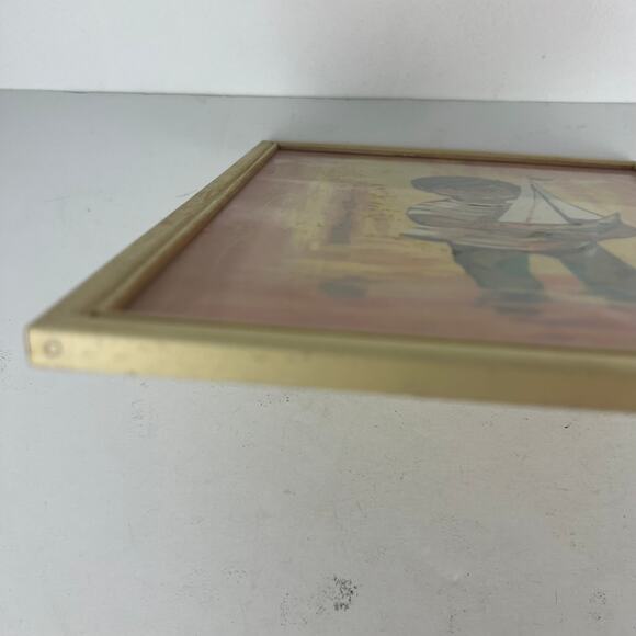 Vintage 70s Framed Art Boy Sailboat ‘Going Sailing’ Big Eye Kitsch 13”x10” - Picture 5 of 6